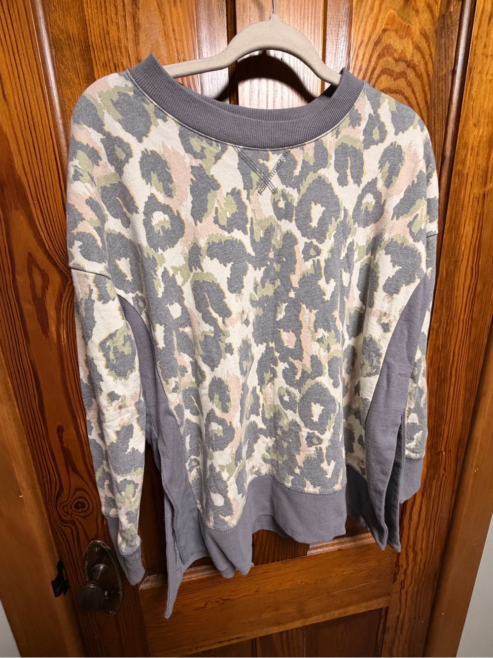 BKE Kids Leopard Print Pullover Sweatshirt in Gray, Cream & Green
